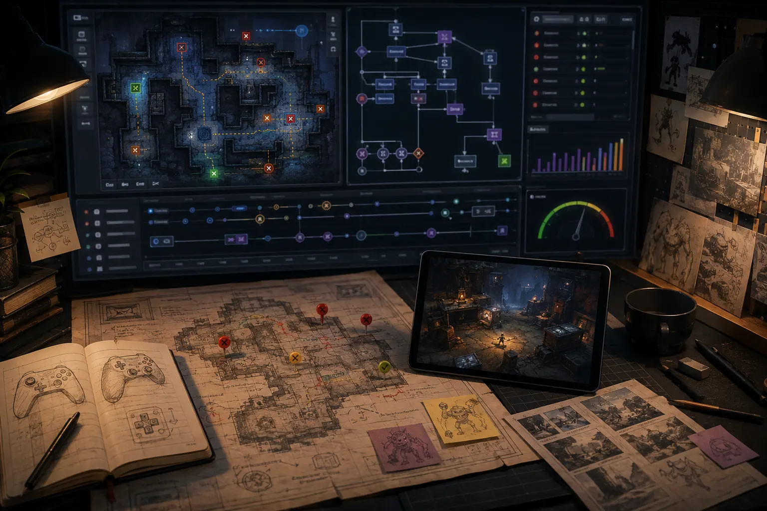 Game systems workspace showing level structure, scope, tests, and prototype state.